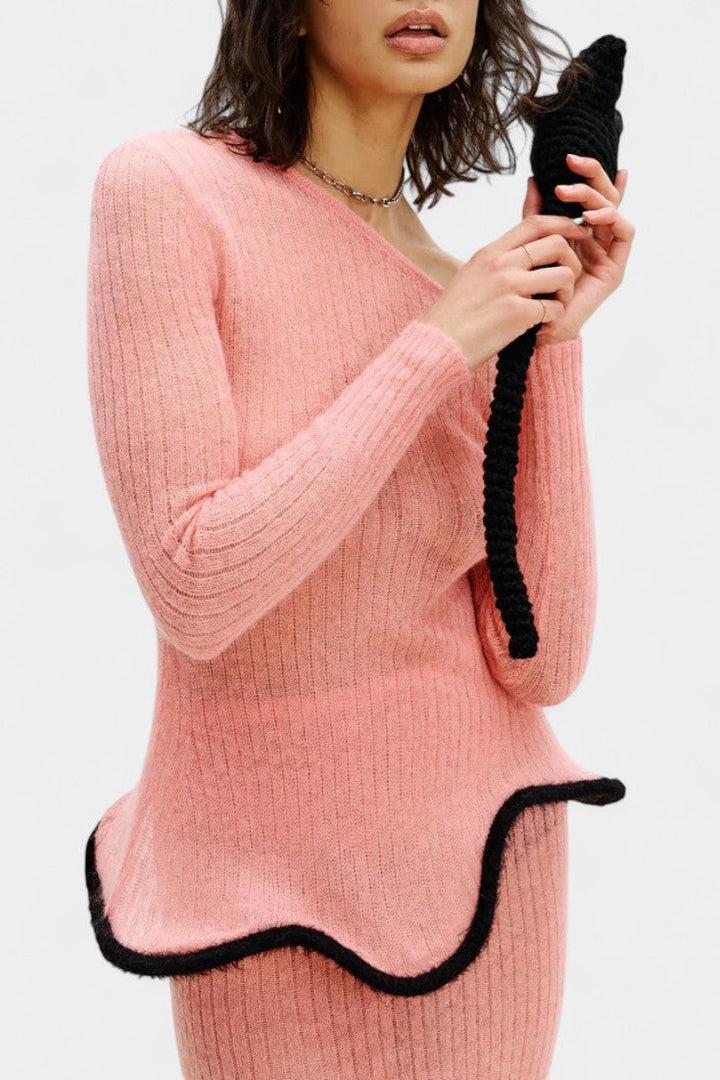 Stormi Asymmetrical Knit Set with Ruffled Trim and Shimmering Midi Skirt