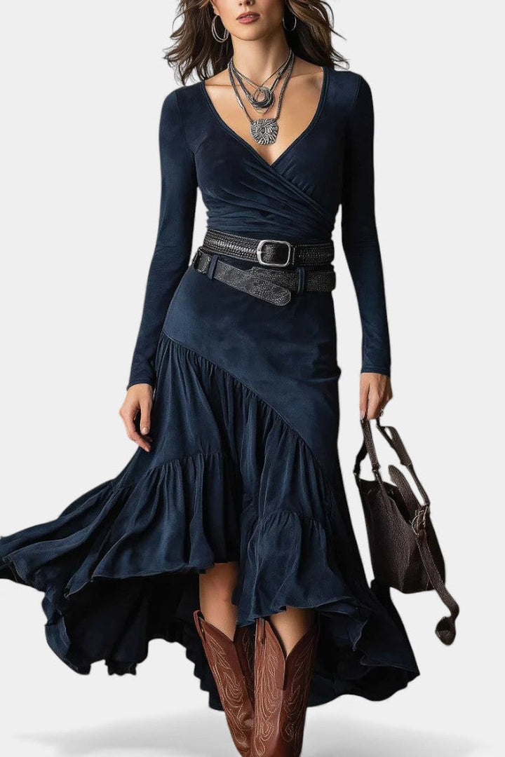 Navy Blue Wendy Long Suede Crossed Dress