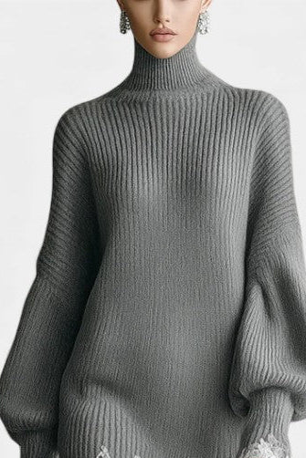 Gray Savine Mini Knit Dress with Turtleneck and White Lace Accents