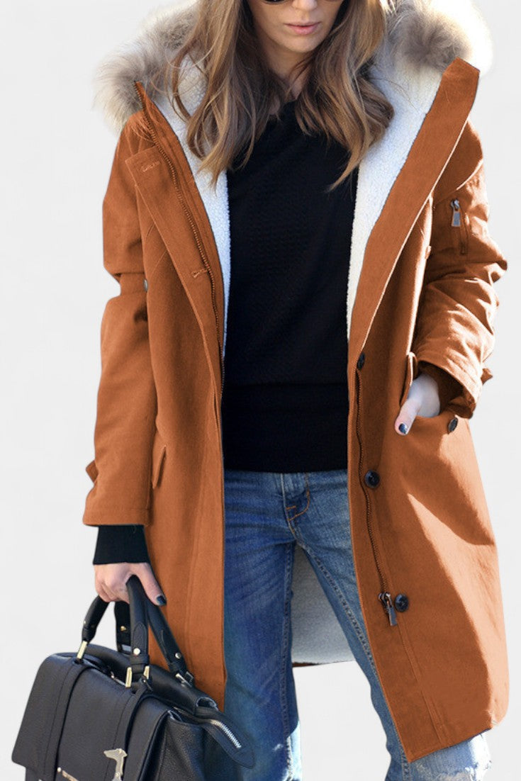 Katell Mid-Length Hooded Parka Featuring Faux Fur Collar