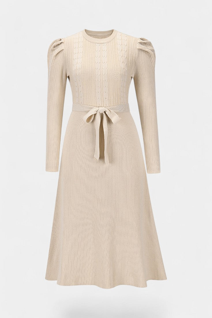 Évoria Puff Sleeve Knitted Midi Dress with Lace Accents