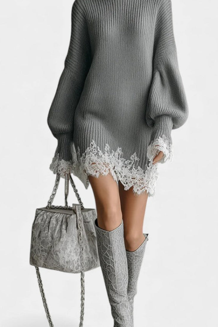 Gray Savine Mini Knit Dress with Turtleneck and White Lace Accents