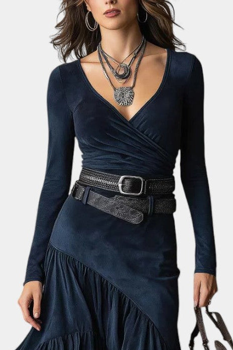 Navy Blue Wendy Long Suede Crossed Dress