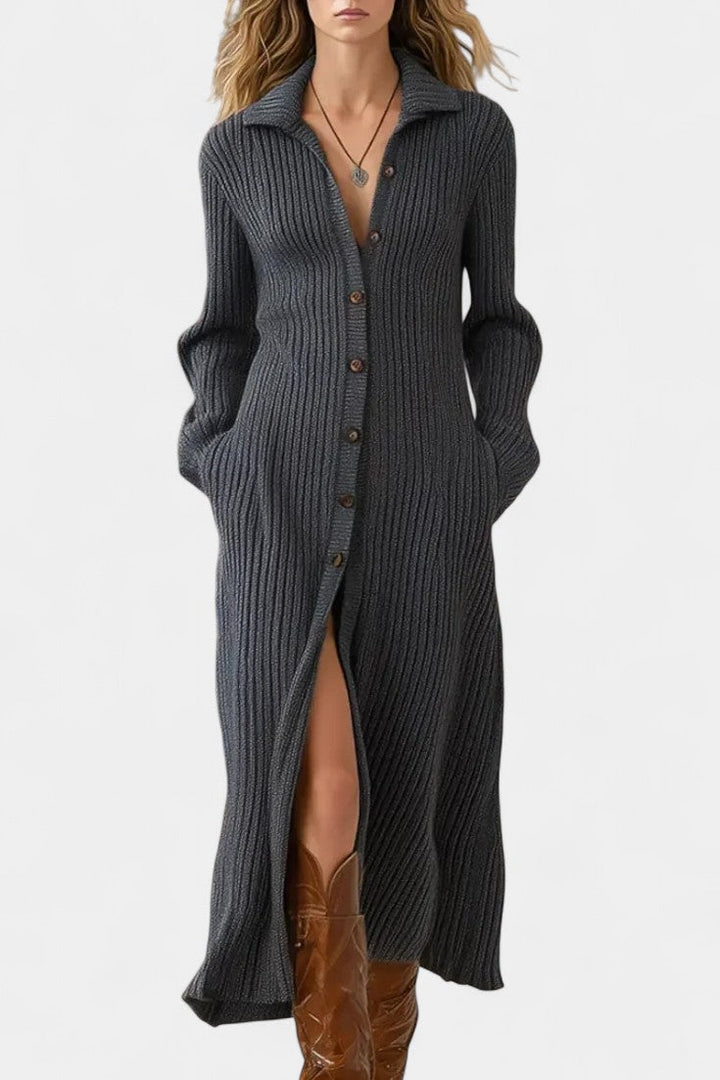 Thea Long Knit Dress Featuring a Classic Shirt Collar