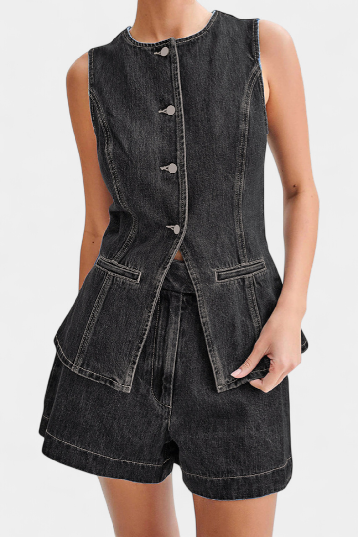 Raya Denim Ensemble: Sleeveless Jacket & High-Waisted Shorts