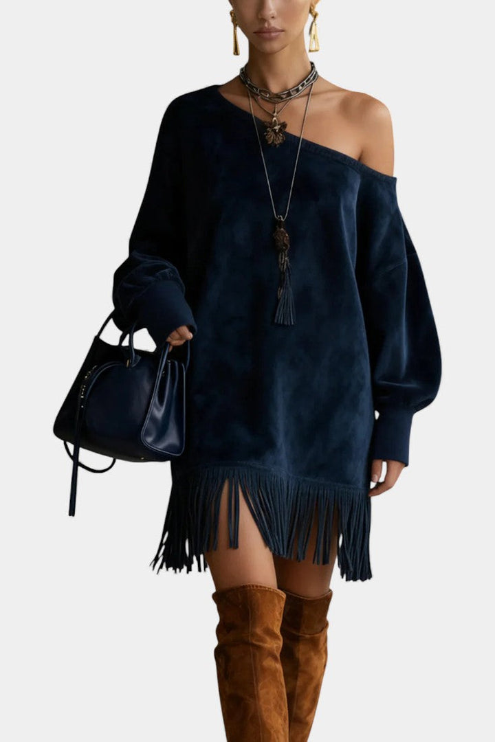 Iseult Off-Shoulder Navy Suede Dress with Fringed Hem