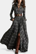 Eustelle Gray Checkered Maxi Dress Featuring a Chic Collar