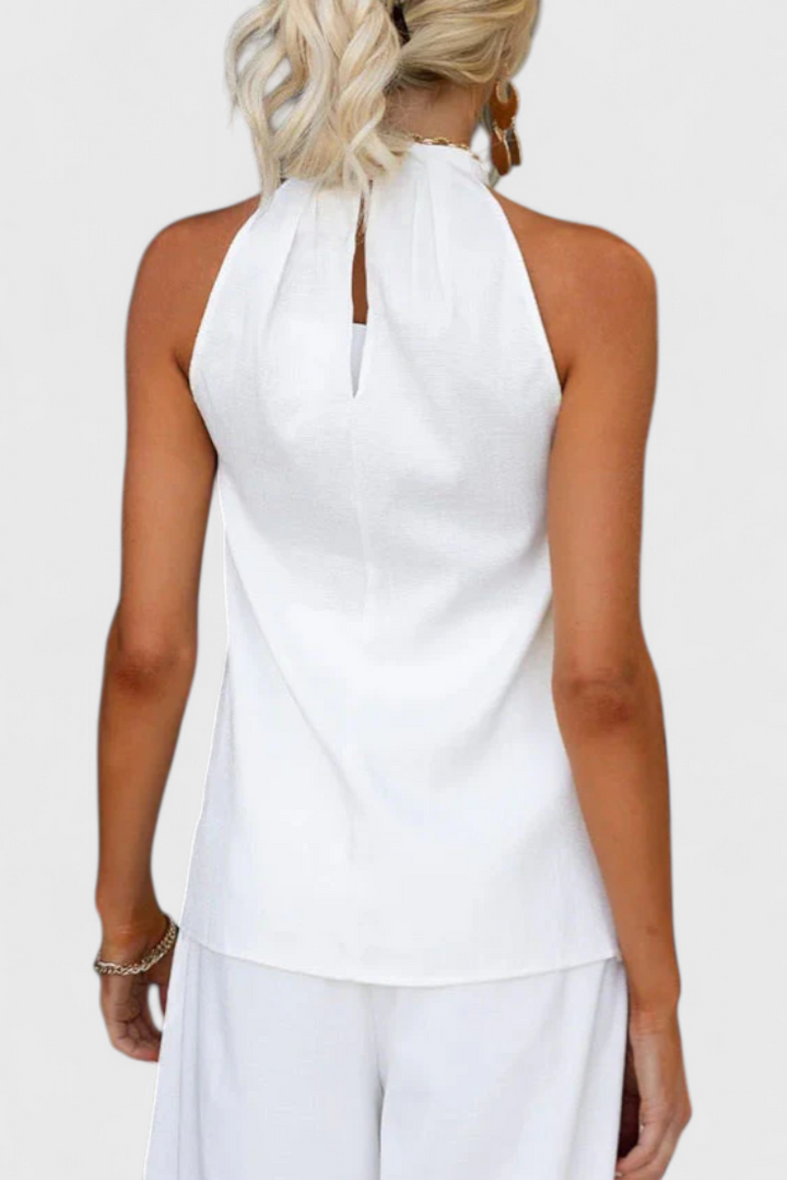 Bernadina Linen Ensemble: Front Neckline Top with Wide Leg Pants