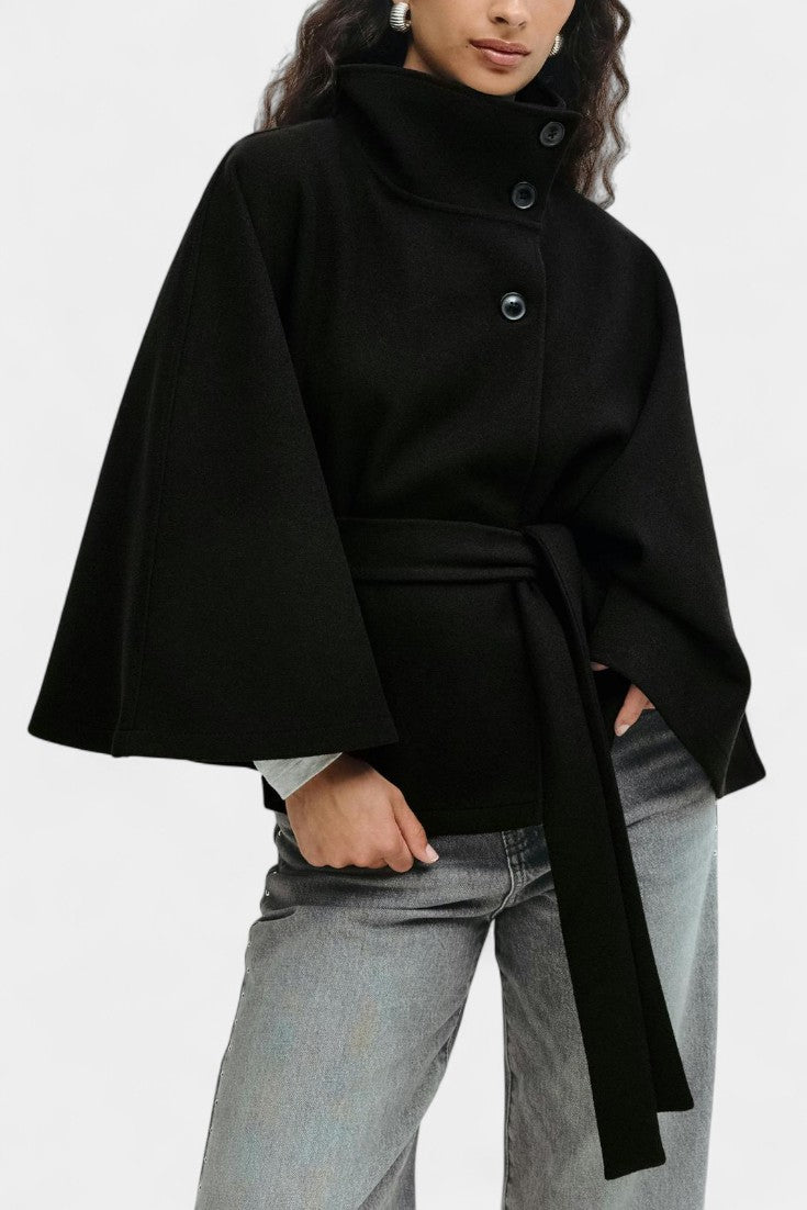 High-Collar Silke Wool Cape Coat with Belted Waist