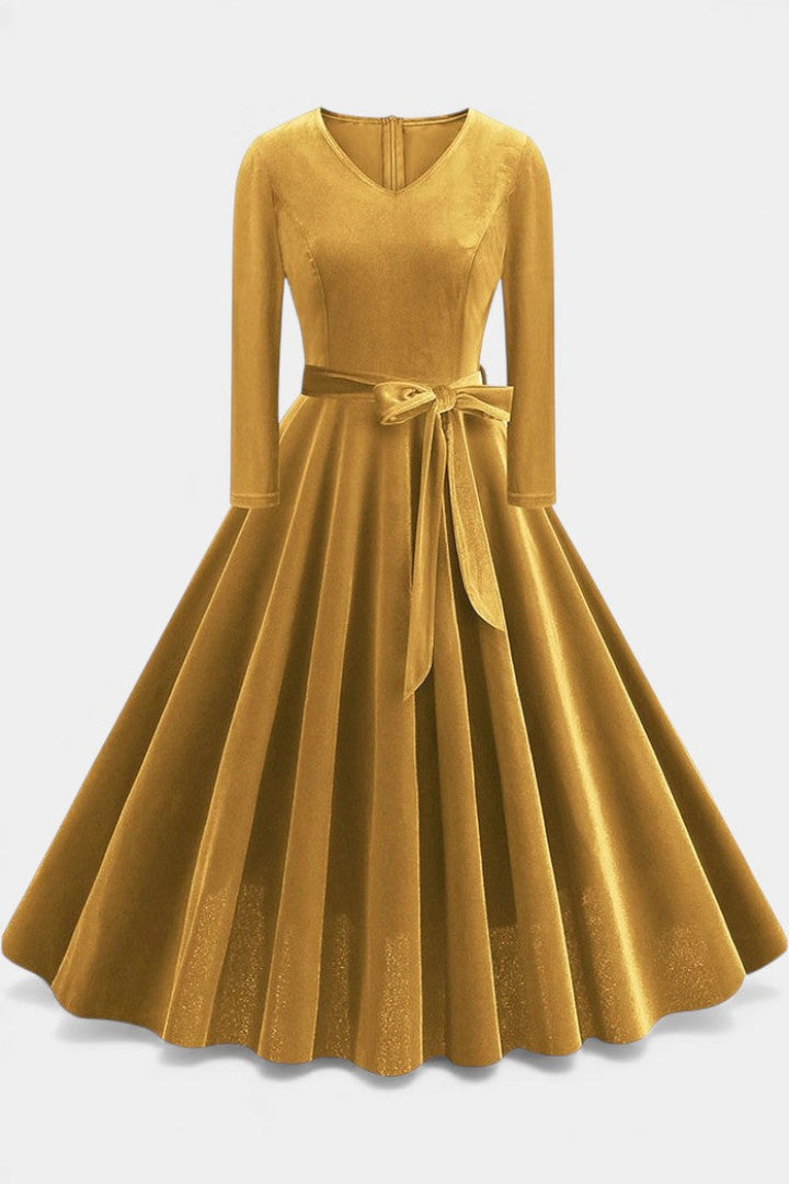 Almena V-Neck Midi Velvet Dress - Elegant and Perfect for Festive Occasions