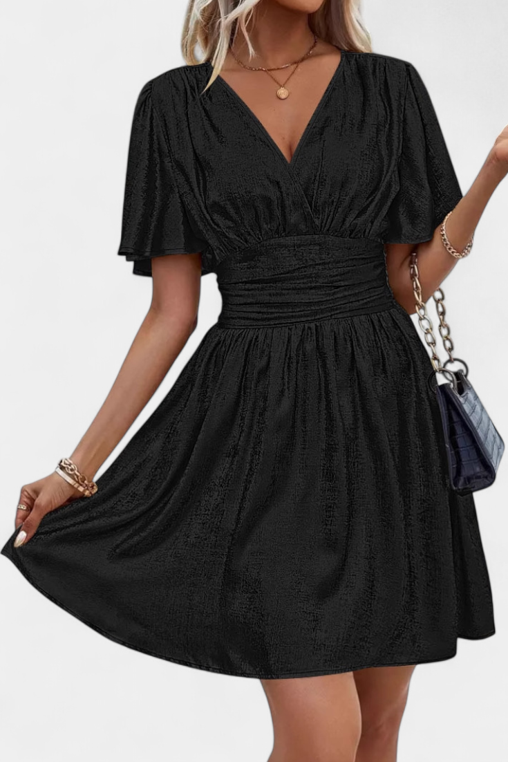 Adalee V-Neck Wrap Dress with Elegant Flowing Sleeves