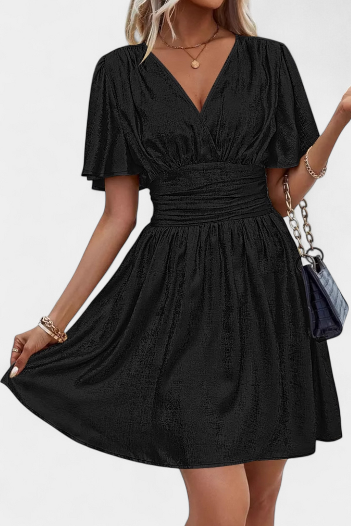 Adalee V-Neck Wrap Dress with Elegant Flowing Sleeves