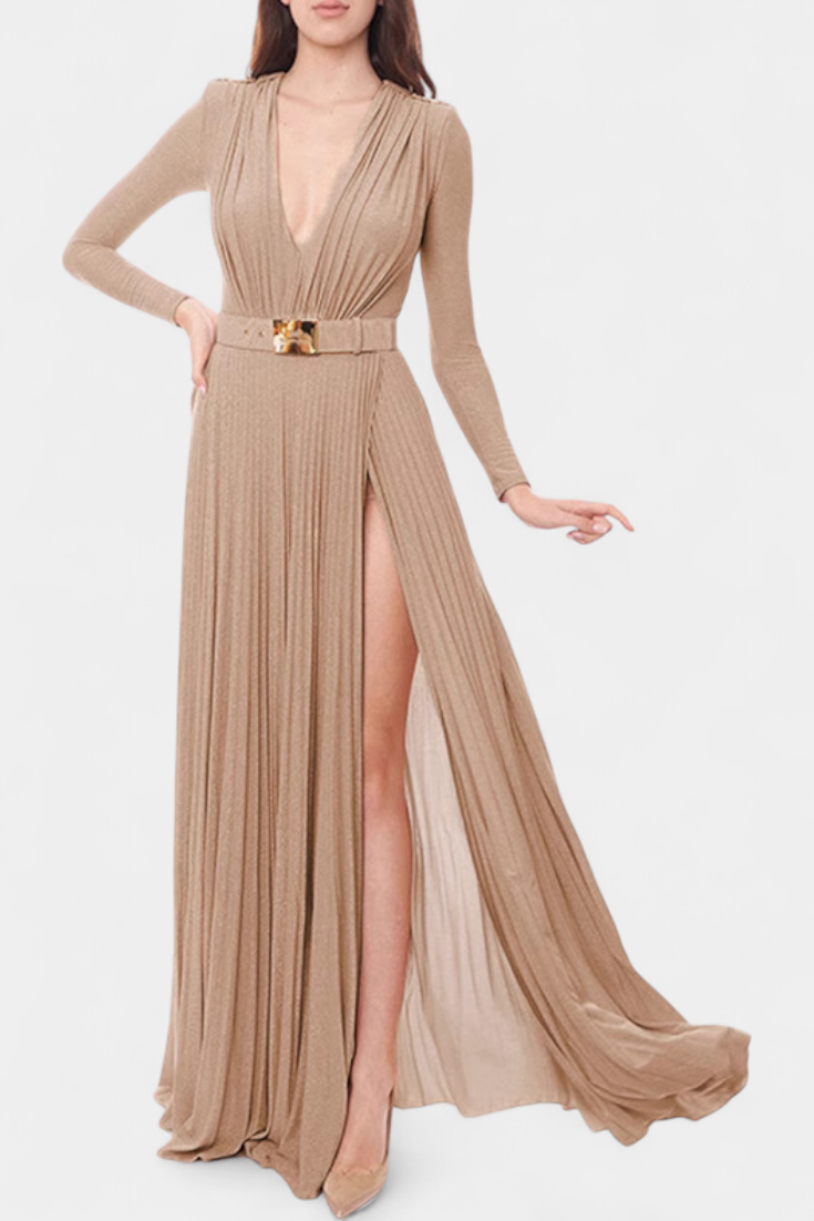 Raisa V-Neck Long Dress with Belted Waist