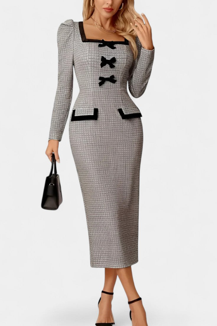 Nevena Checkered Midi Dress with Puff Sleeves and Bow Detail