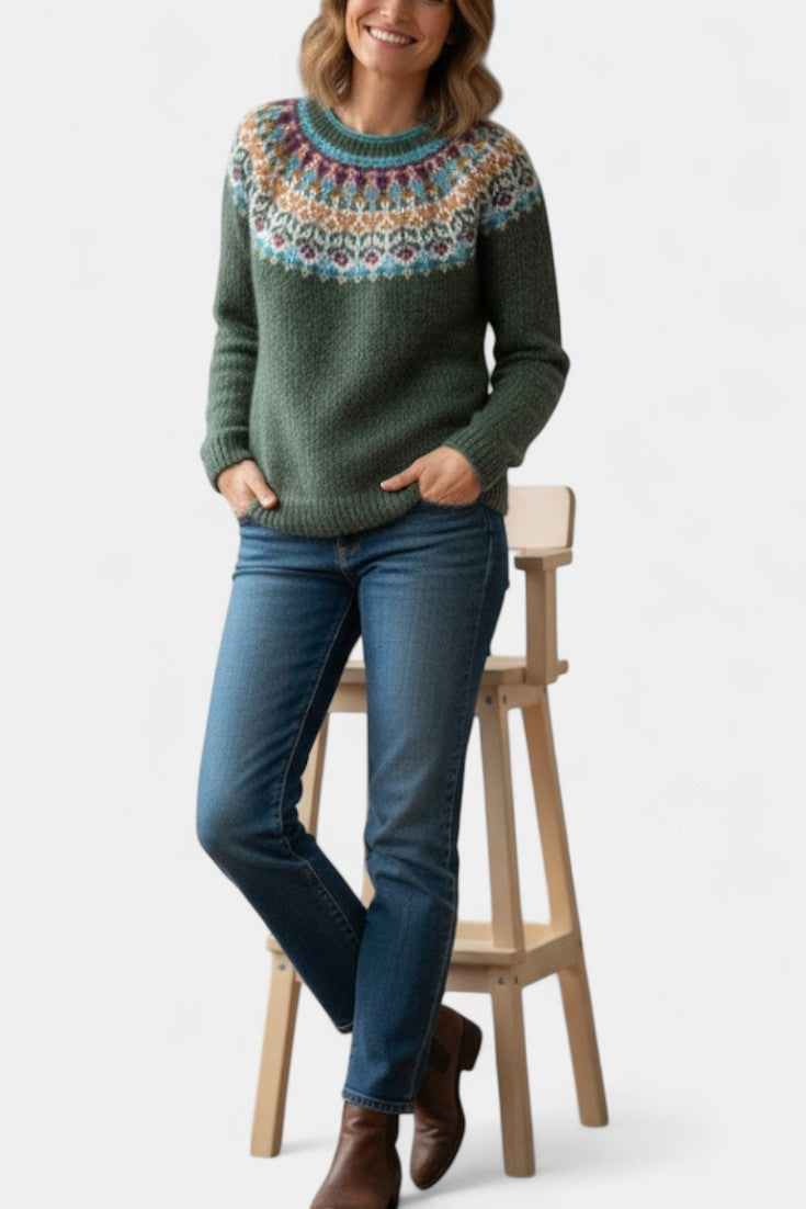 Sarra Chunky Knit Jacquard Sweater with Round Neckline