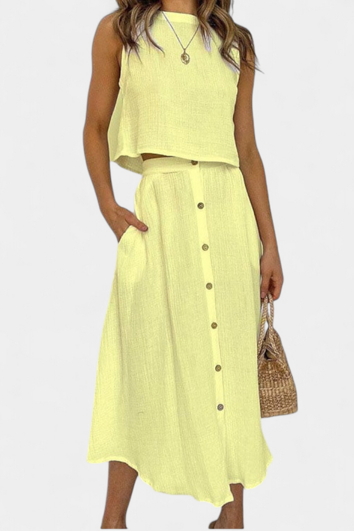 Naha Casual Cotton Ensemble with Center Button Detail and Midi Skirt