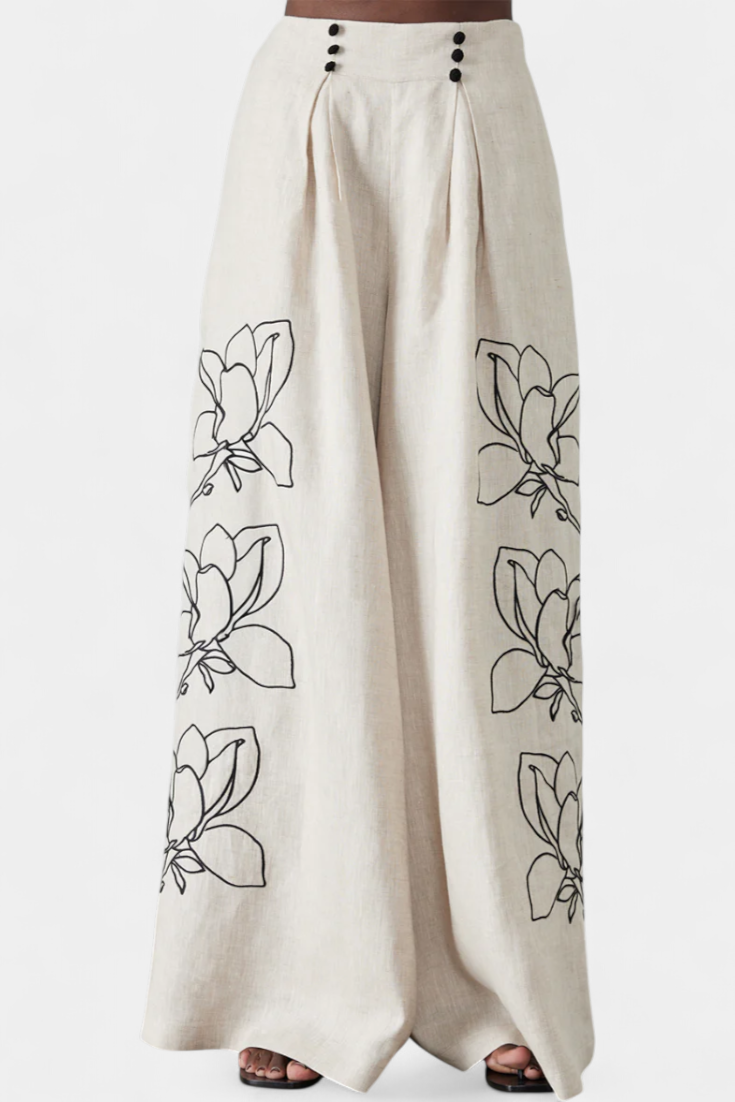 Helen Puff Sleeve Blouse & Wide-Leg Floral Linen Pants Set