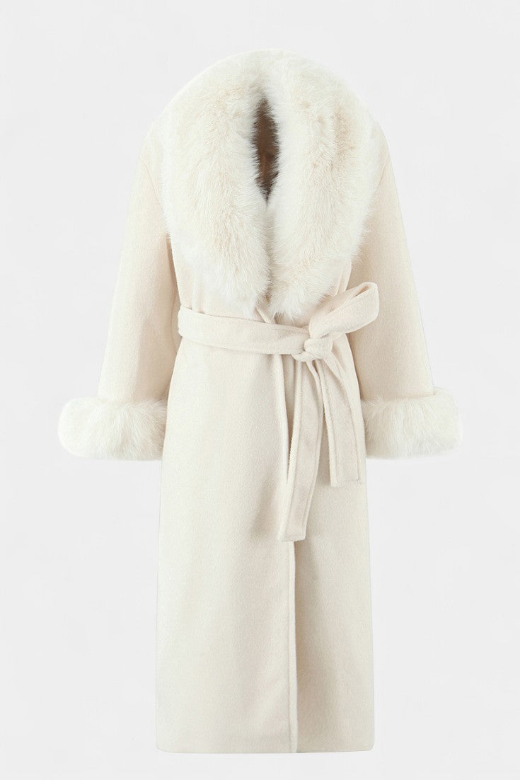 Lalie Long Coat with Faux Fur Trim and Belt