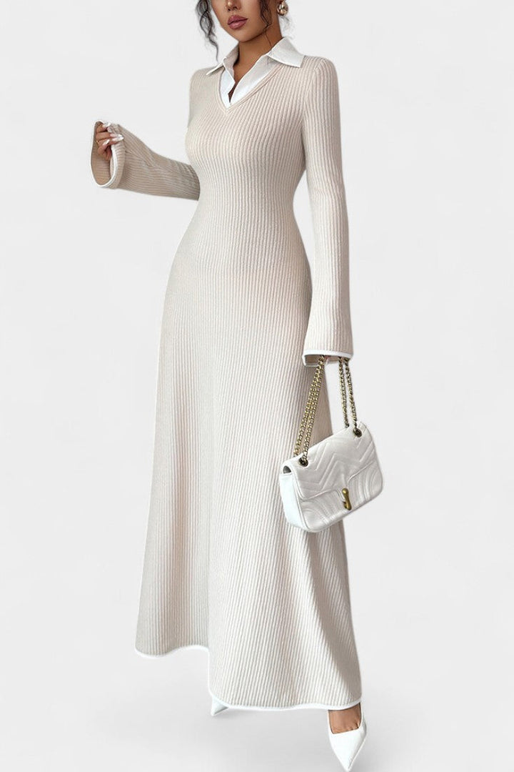 Élodiane Two-Tone Maxi Knit Dress with Collared Neckline