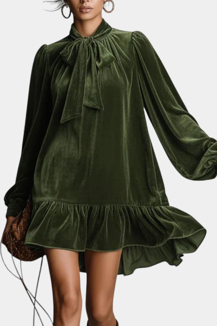 Albertine Velvet Mini Dress with Bow Tie Neckline