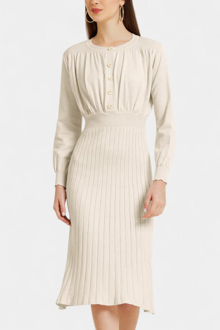 Arsina Ribbed Midi Dress with Lantern Sleeves and Round Neckline