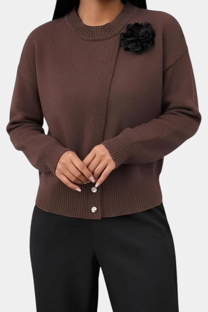 Carole Solid Color Knitted Sweater with Button Accents and Floral Embellishments