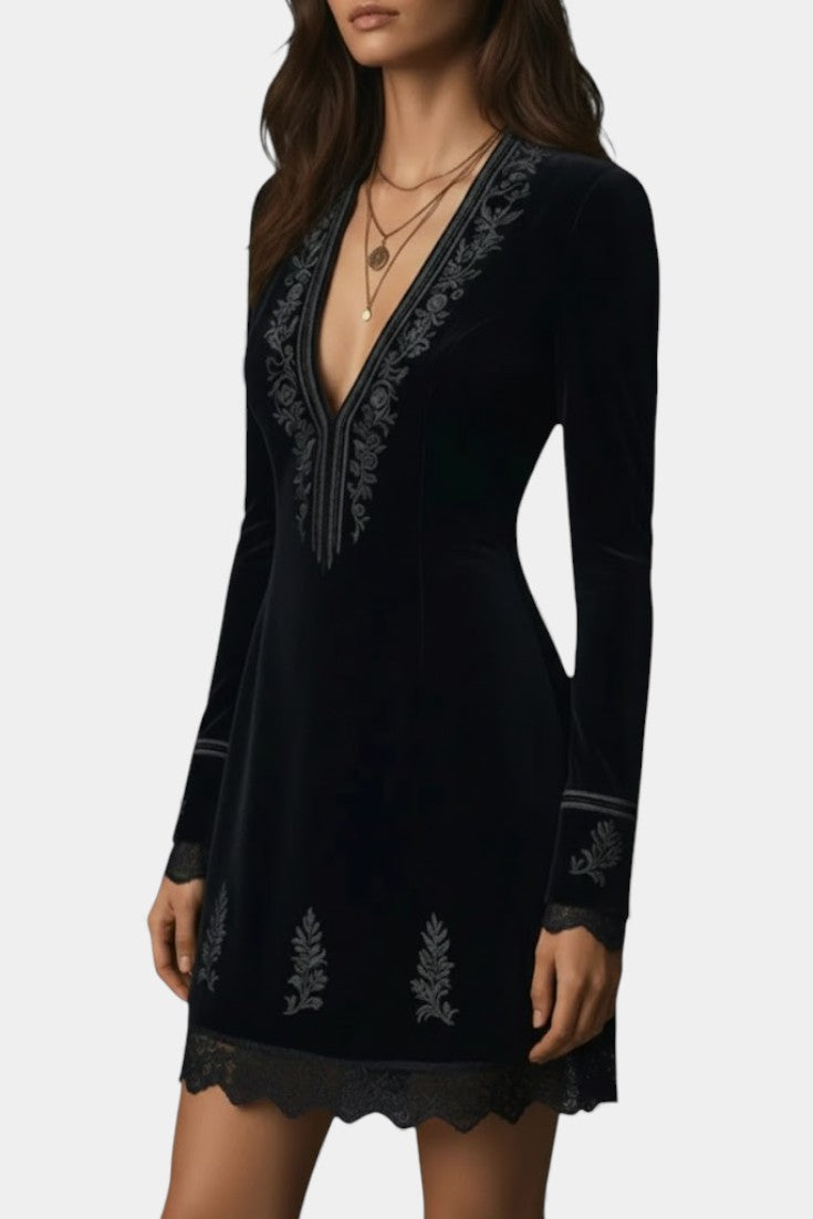 Pharélia Velvet Dress with Deep V-Neck and Embroidery