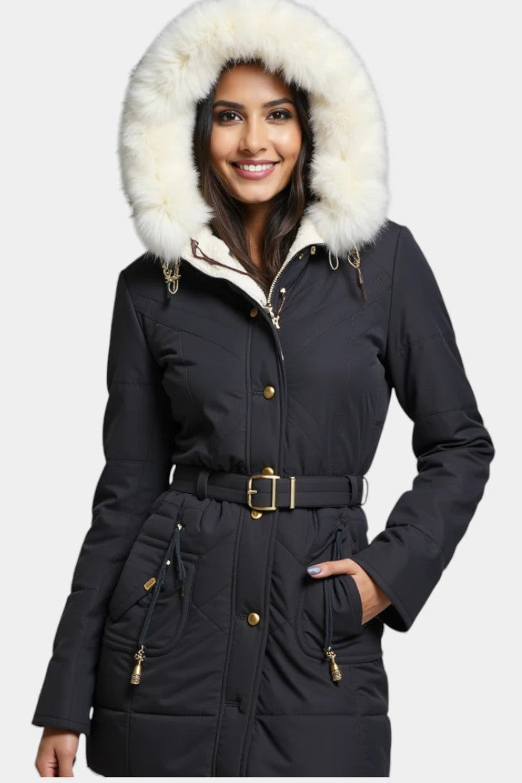 Lanra Belted Hooded Winter Parka with Faux Fur Trim