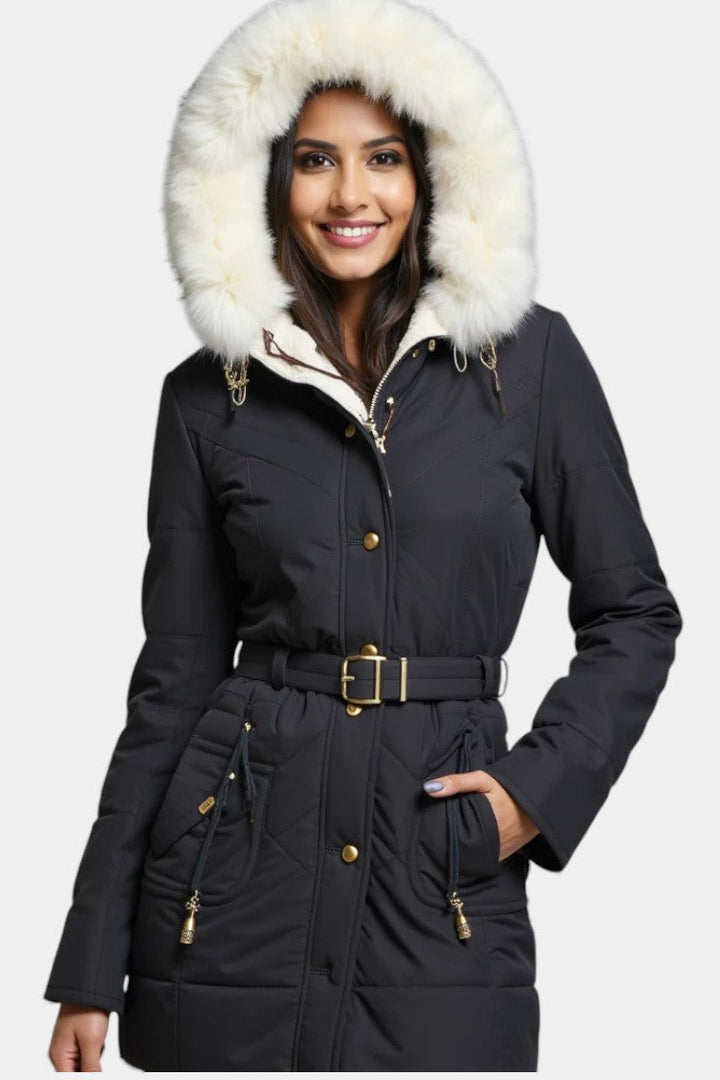 Lanra Belted Hooded Winter Parka with Faux Fur Trim