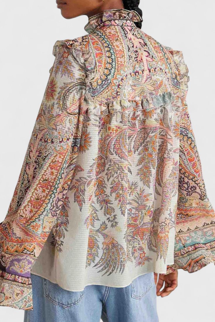 Elegant Paisley Print Ensemble with Charming Ruffled Blouse
