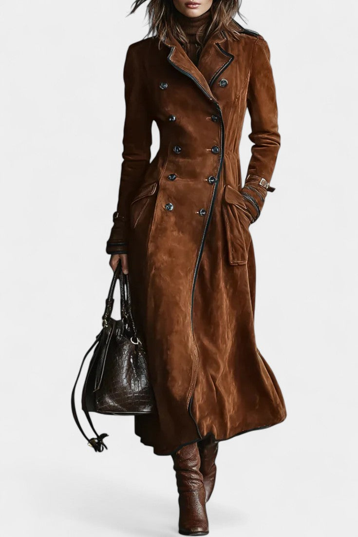 Double-Breasted Suede Sandra Long Coat with Black Trim