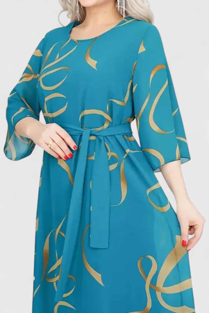 Abstract Print Midi Dress with Adjustable Belt by Ame