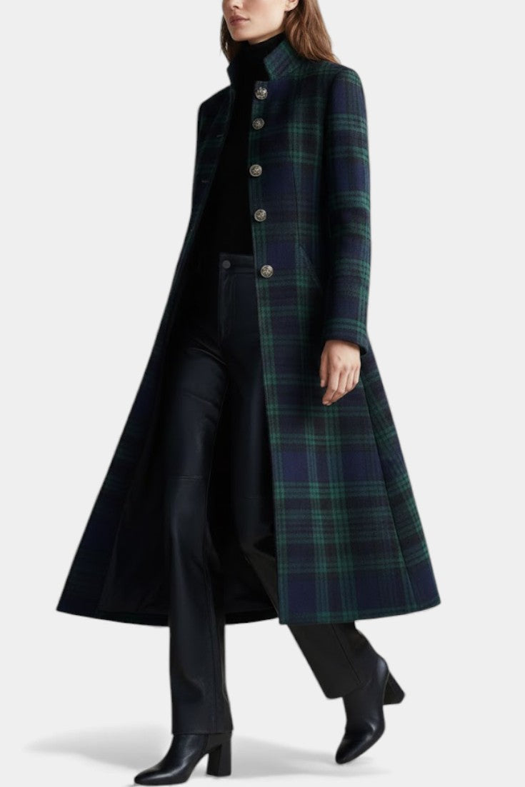 Caterina Vintage-Inspired Midi Coat in Blue-Green Plaid