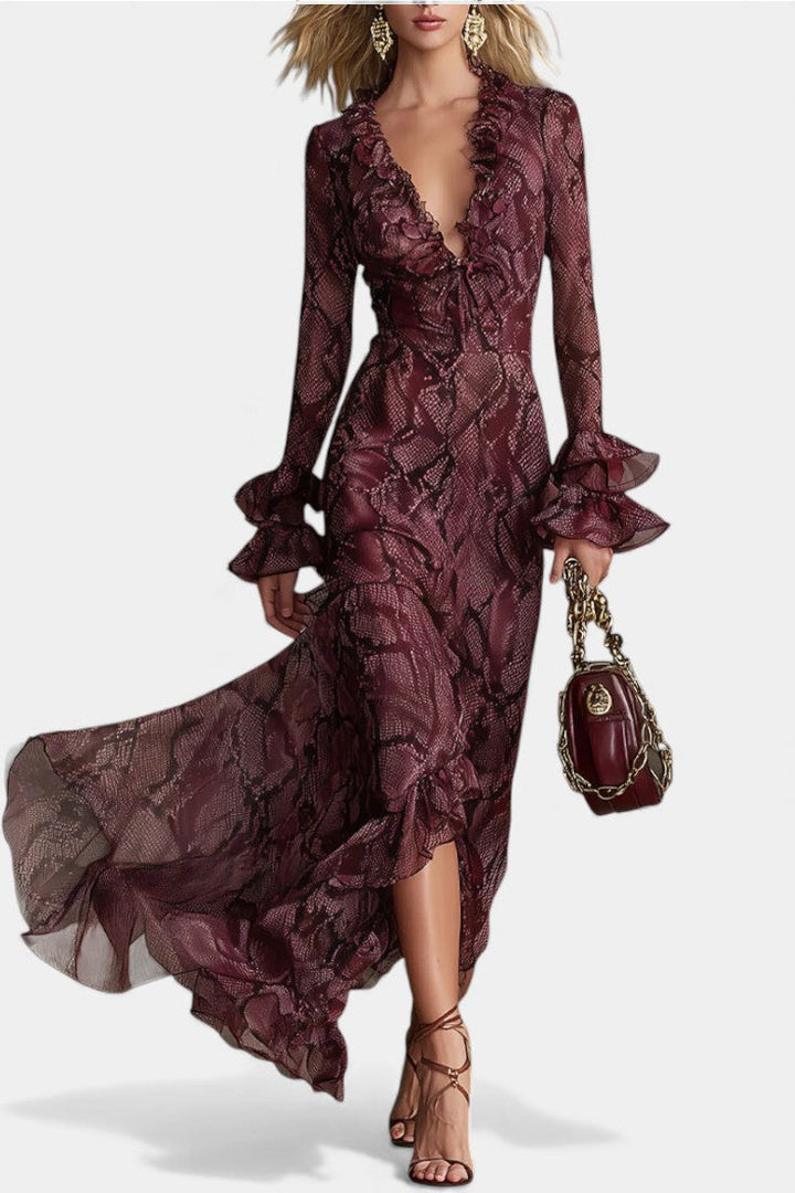 Amisana Bordeaux Maxi Chiffon Dress with Snake Print and Ruffle Details