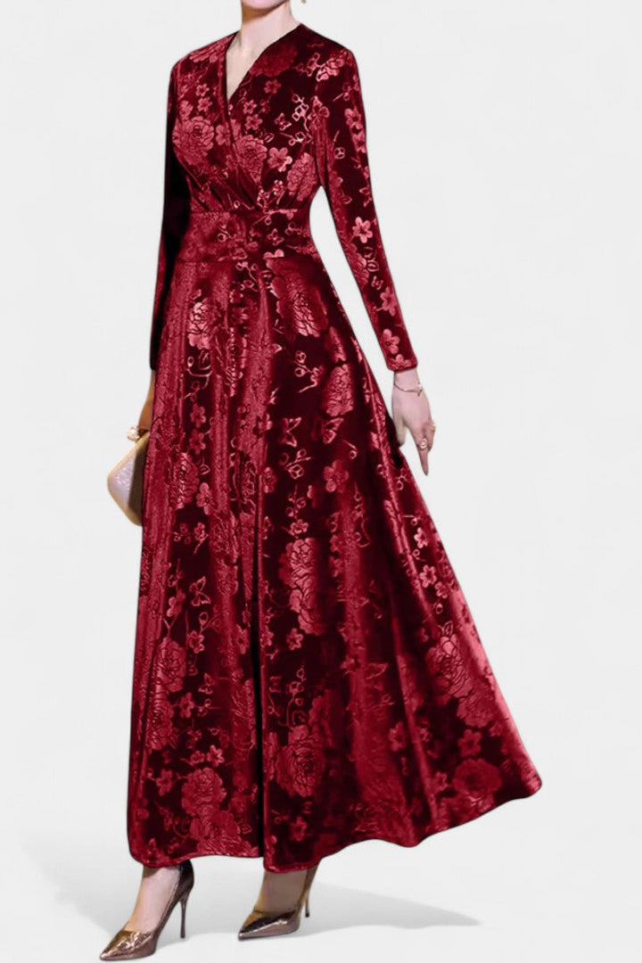 Ombeline V-Neck Long Velvet Dress with Textured Floral Design