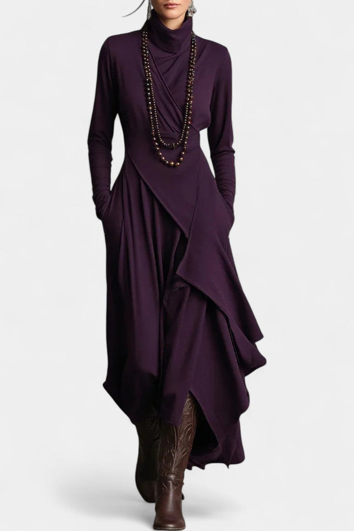 Ébeline High-Collar Asymmetrical Pleated Maxi Dress
