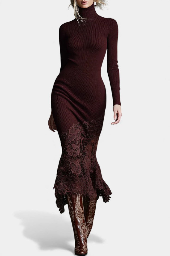 Avaria Burgundy Knit Maxi Dress Featuring High Collar and Lace Trim