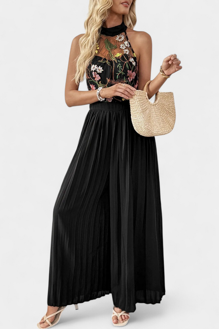 Maruja Floral Lace Halter Jumpsuit with Pleated Palazzo Pants