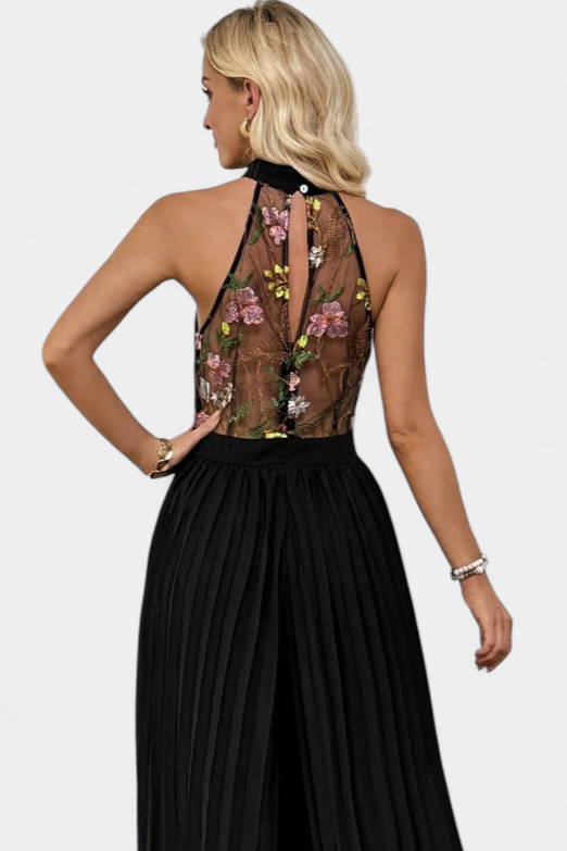 Maruja Floral Lace Halter Jumpsuit with Pleated Palazzo Pants