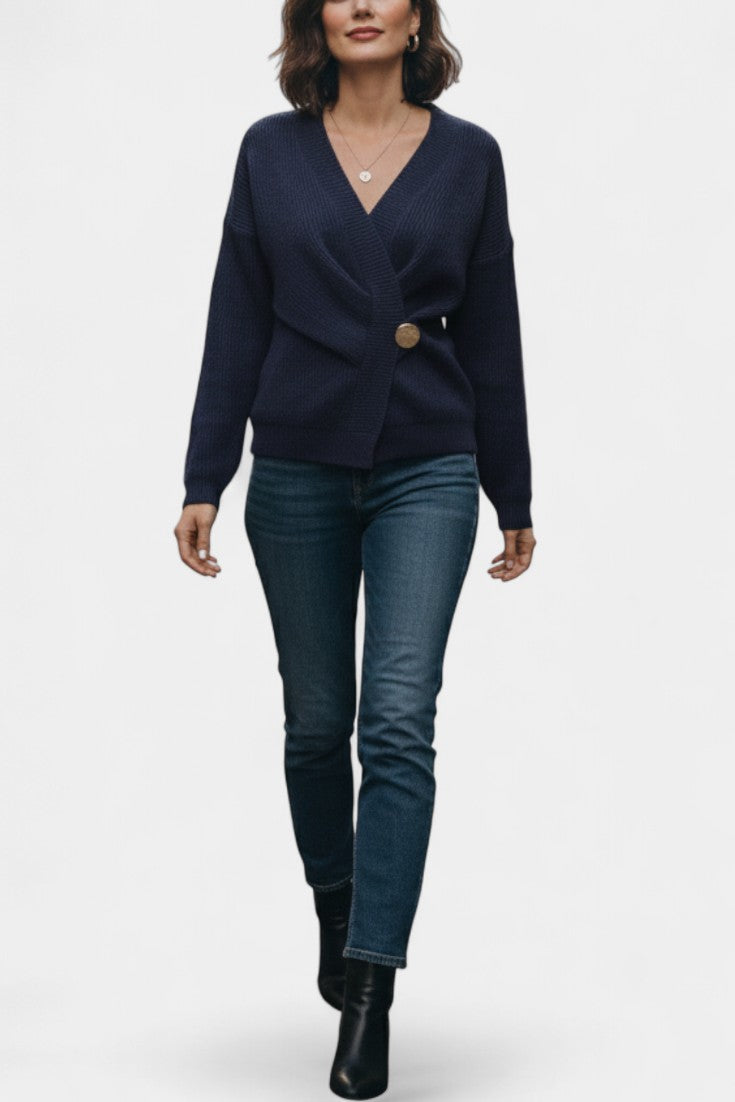 Céline V-Neck Ribbed Knit Wrap Cardigan with Asymmetrical Hem