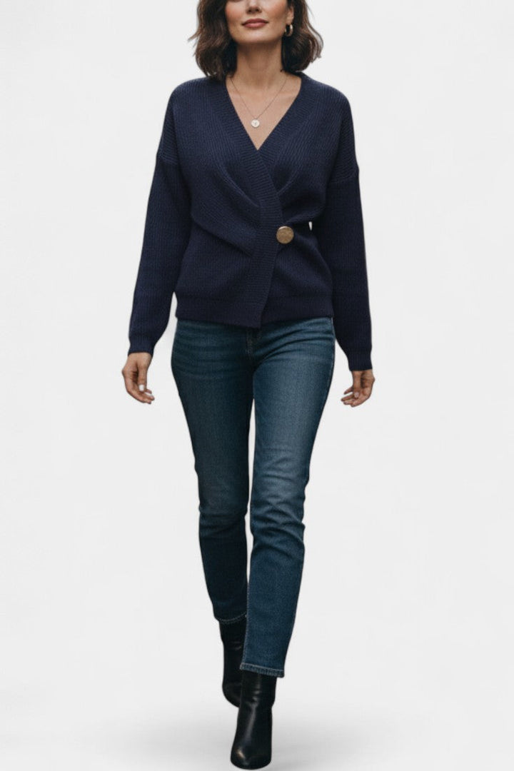 Céline V-Neck Ribbed Knit Wrap Cardigan with Asymmetrical Hem