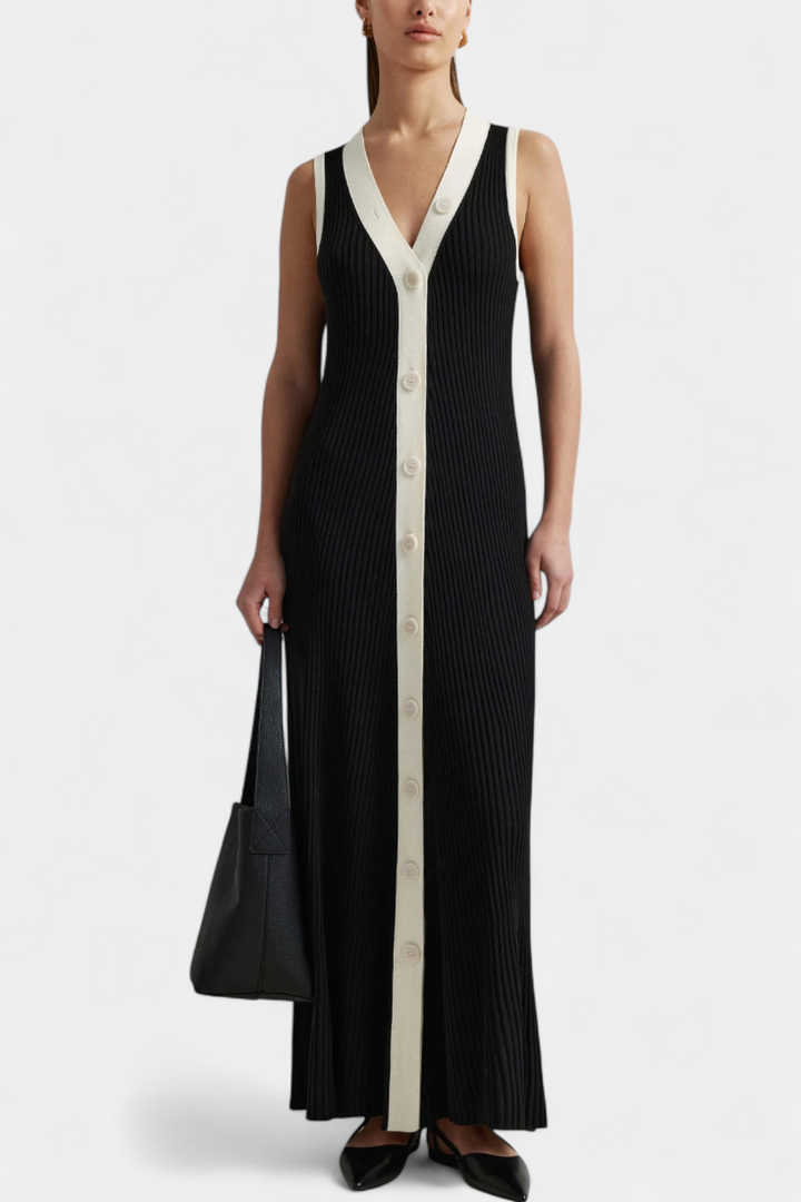 Brielle V-Neck Long Ribbed Dress with Contrast Button Detail