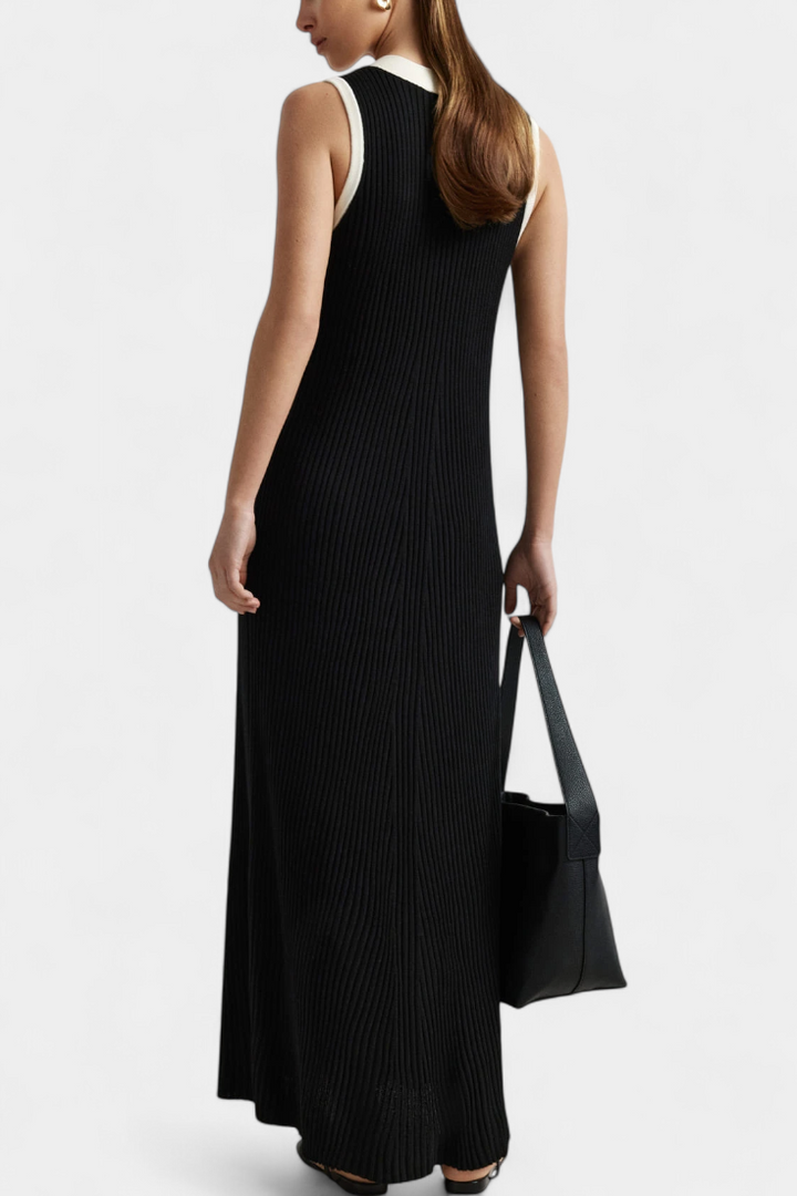 Brielle V-Neck Long Ribbed Dress with Contrast Button Detail