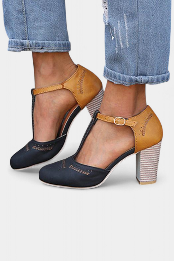 Mira T-Strap Block Heels with Perforated Design