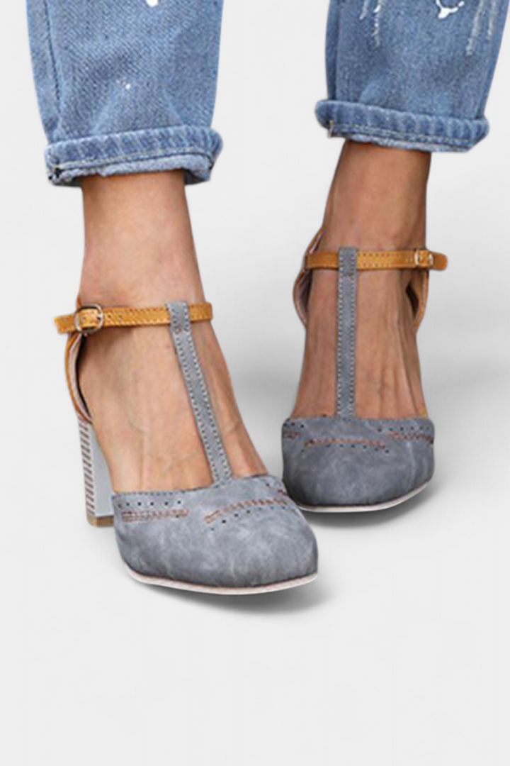 Mira T-Strap Block Heels with Perforated Design