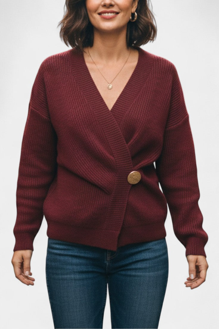 Céline V-Neck Ribbed Knit Wrap Cardigan with Asymmetrical Hem