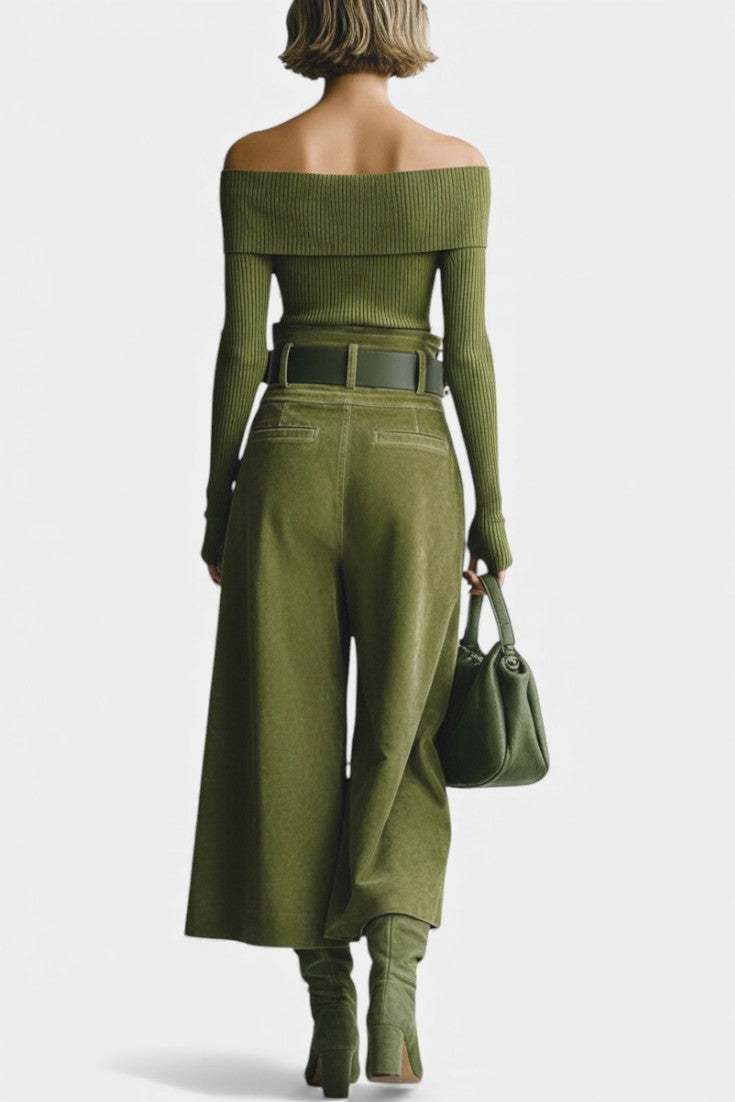 Atala Olive Off-the-Shoulder Top with Midi Suede Skirt Ensemble