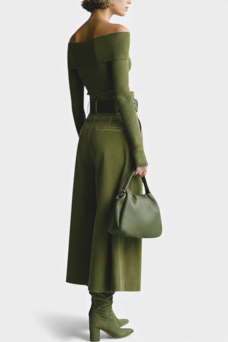 Atala Olive Off-the-Shoulder Top with Midi Suede Skirt Ensemble