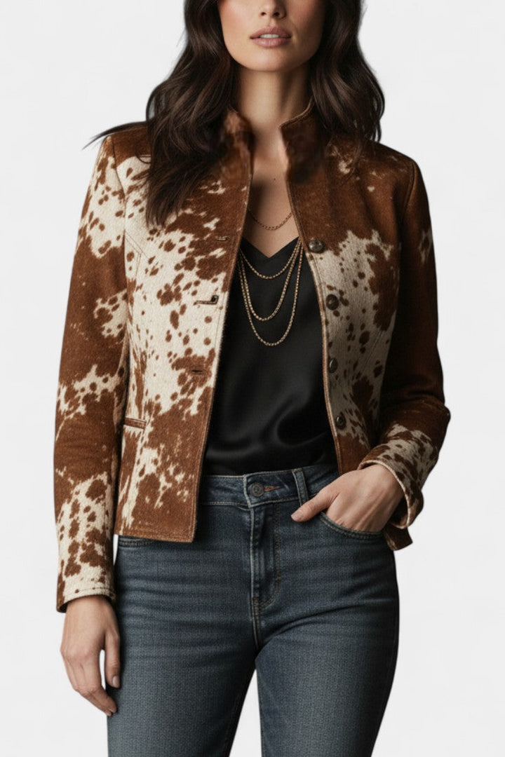 Ophira Cow Print Suede Slim Jacket with Vintage High Collar