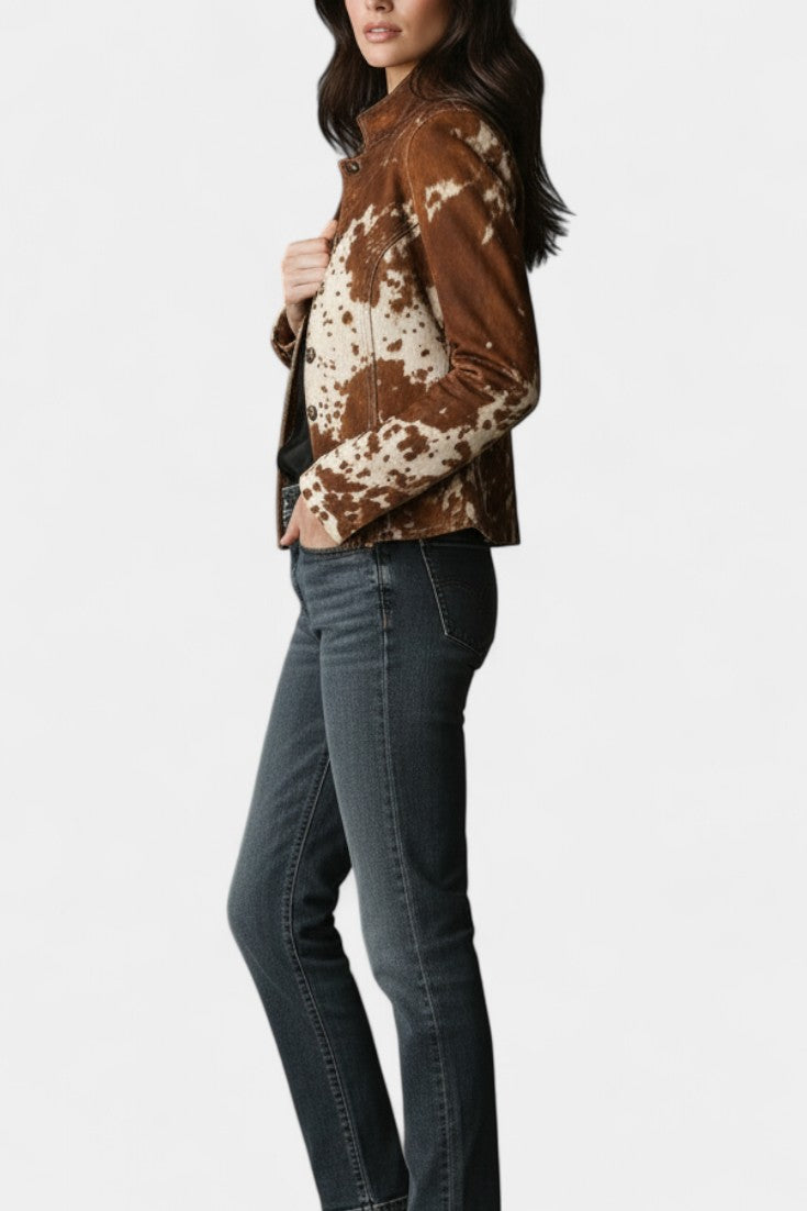 Ophira Cow Print Suede Slim Jacket with Vintage High Collar
